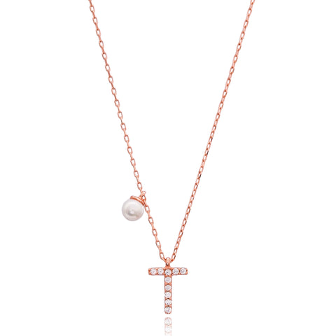 Cubic Zarconia Letter Necklace with Pearl Detail in Rose Gold
