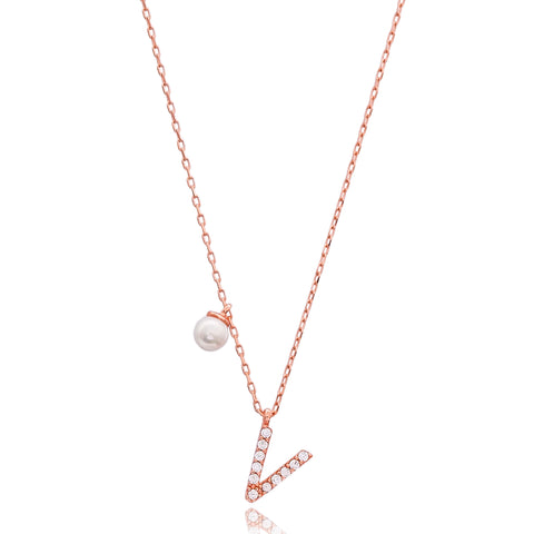 Cubic Zarconia Letter Necklace with Pearl Detail in Rose Gold