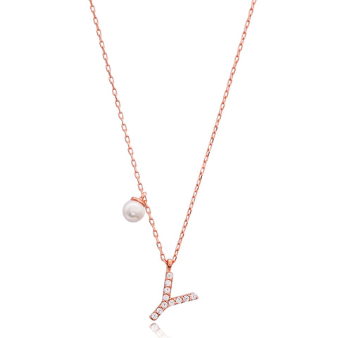 Cubic Zarconia Letter Necklace with Pearl Detail in Rose Gold