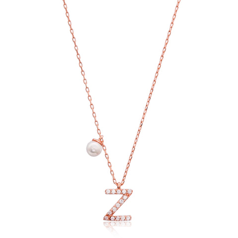 Cubic Zarconia Letter Necklace with Pearl Detail in Rose Gold