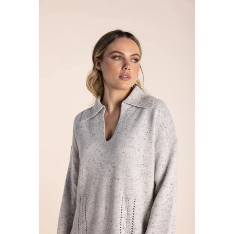 Two T's - Pointelle V Neck Collared Jumper Grey Marle
