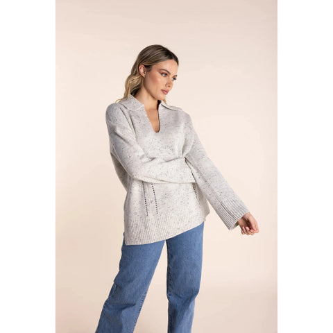Two T's - Pointelle V Neck Collared Jumper Grey Marle