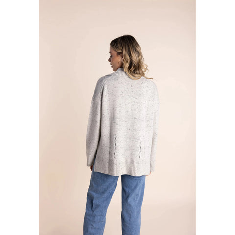 Two T's - Pointelle V Neck Collared Jumper Grey Marle