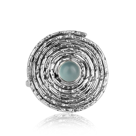 Spiral Oxidized Silver Ring with Blue Chalcedony
