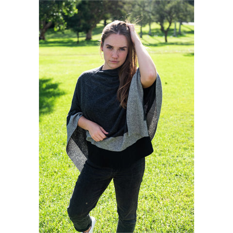 Cashmere Poncho - Charcoal with Grey Border