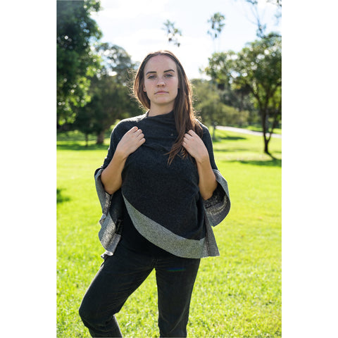 Cashmere Poncho - Charcoal with Grey Border