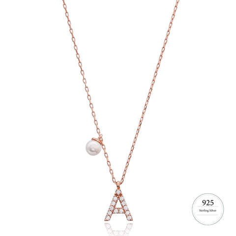 Cubic Zarconia Letter Necklace with Pearl Detail in Rose Gold