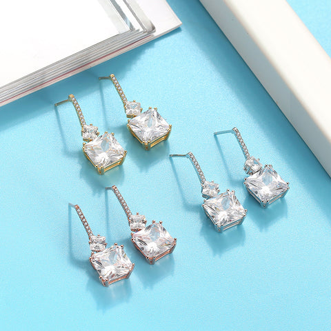 Sterling Silver Square Cubic Zarconia Drop Earrings