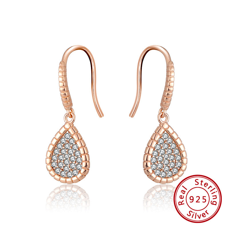 Sterling Silver 925 Rose Gold Plated Pave Set Cubic Zirconia Pear Drop Earrings