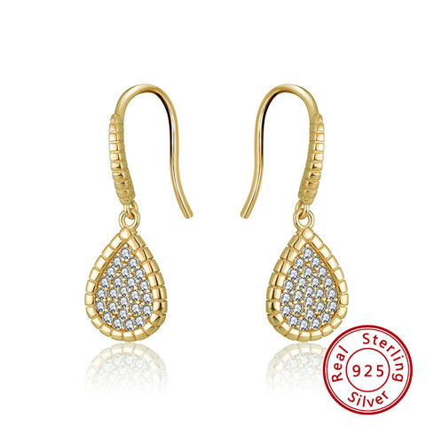 Sterling Silver 925 Gold Plated Pave Set Cubic Zirconia Pear Drop Earrings