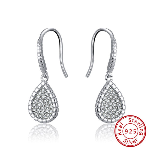 Sterling Silver 925 Platinum Plated Pave Set Cubic Zirconia Pear Drop Earrings