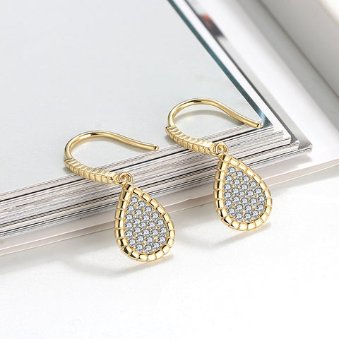 Sterling Silver 925 Gold Plated Pave Set Cubic Zirconia Pear Drop Earrings