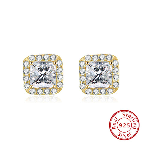 Sterling Silver Gold Plated Cubic Zirconia Princess Cut Halo Stud Earrings
