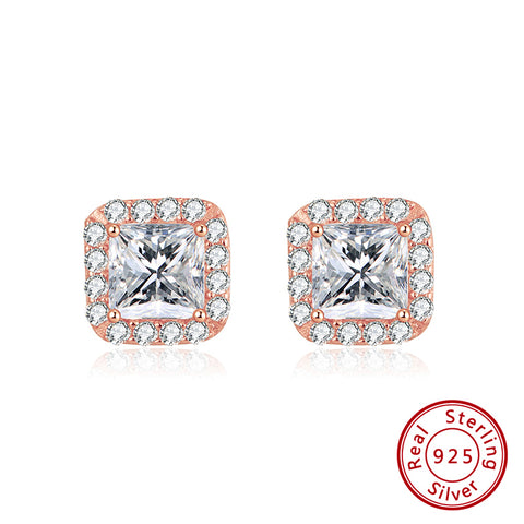Sterling Silver Rose Gold Plated Cubic Zirconia Princess Cut Halo Stud Earrings