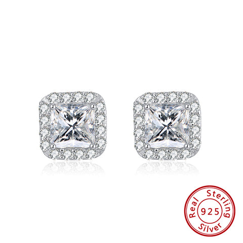 Sterling Silver Platinum Plated Cubic Zirconia Princess Cut Halo Stud Earrings