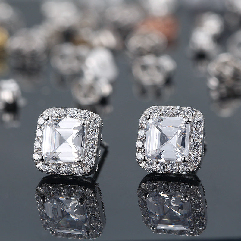 Sterling Silver Platinum Plated Cubic Zirconia Princess Cut Halo Stud Earrings