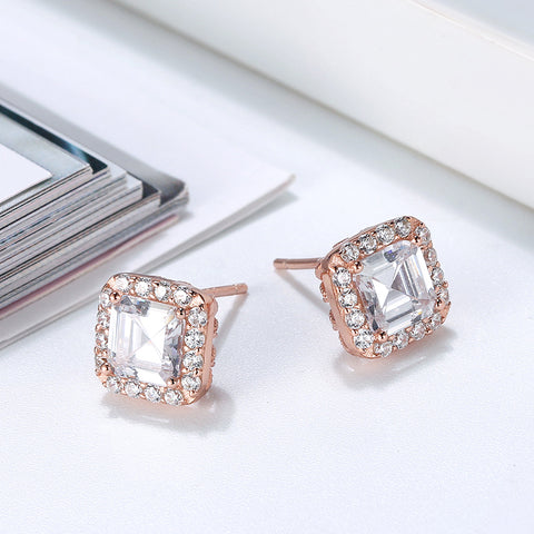 Sterling Silver Rose Gold Plated Cubic Zirconia Princess Cut Halo Stud Earrings