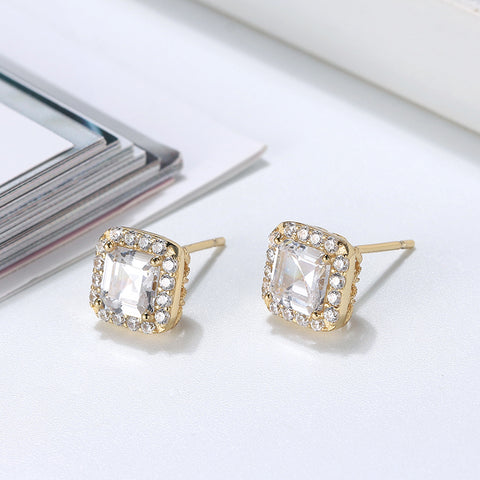 Sterling Silver Gold Plated Cubic Zirconia Princess Cut Halo Stud Earrings