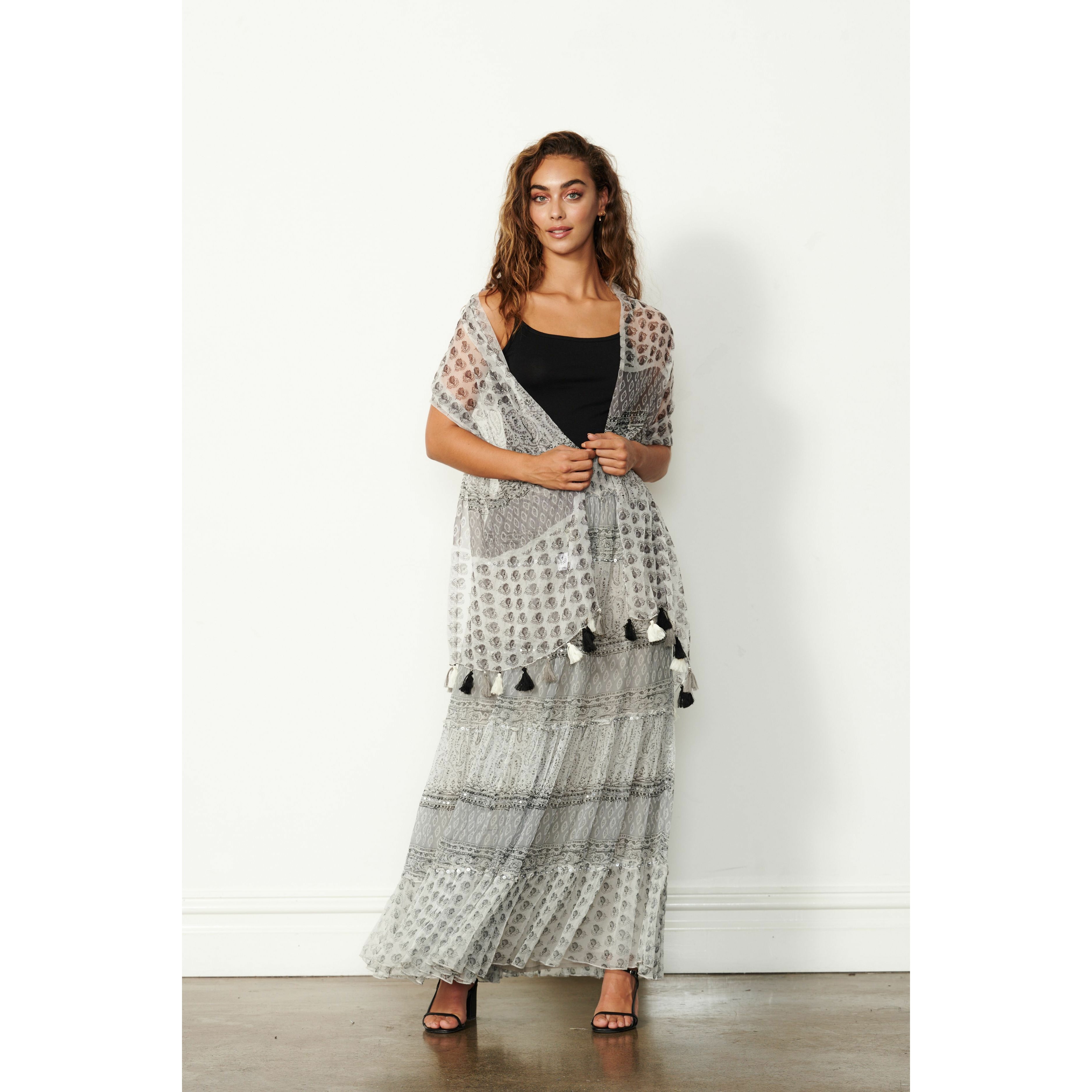 Caju - Printed Scarf with Tassels Pewter CZ383