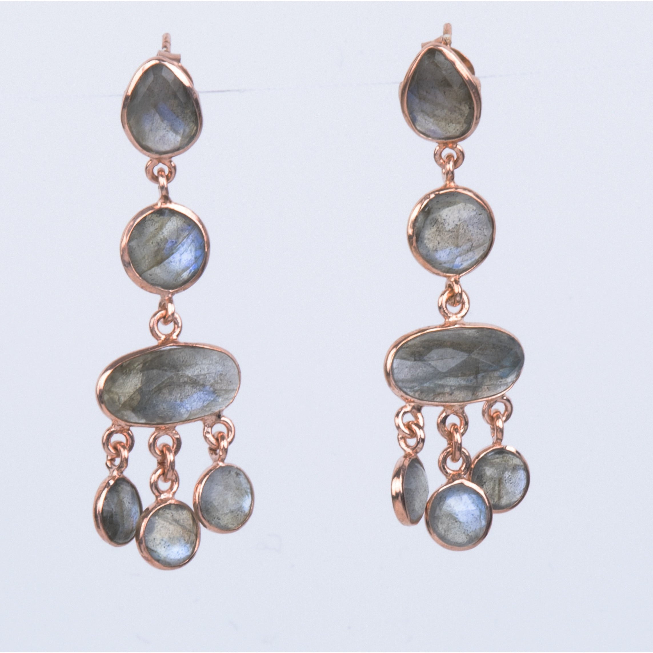 18K  Rose Gold/Rhodium Plated Sterling Silver Labradorite Dangle Earrings