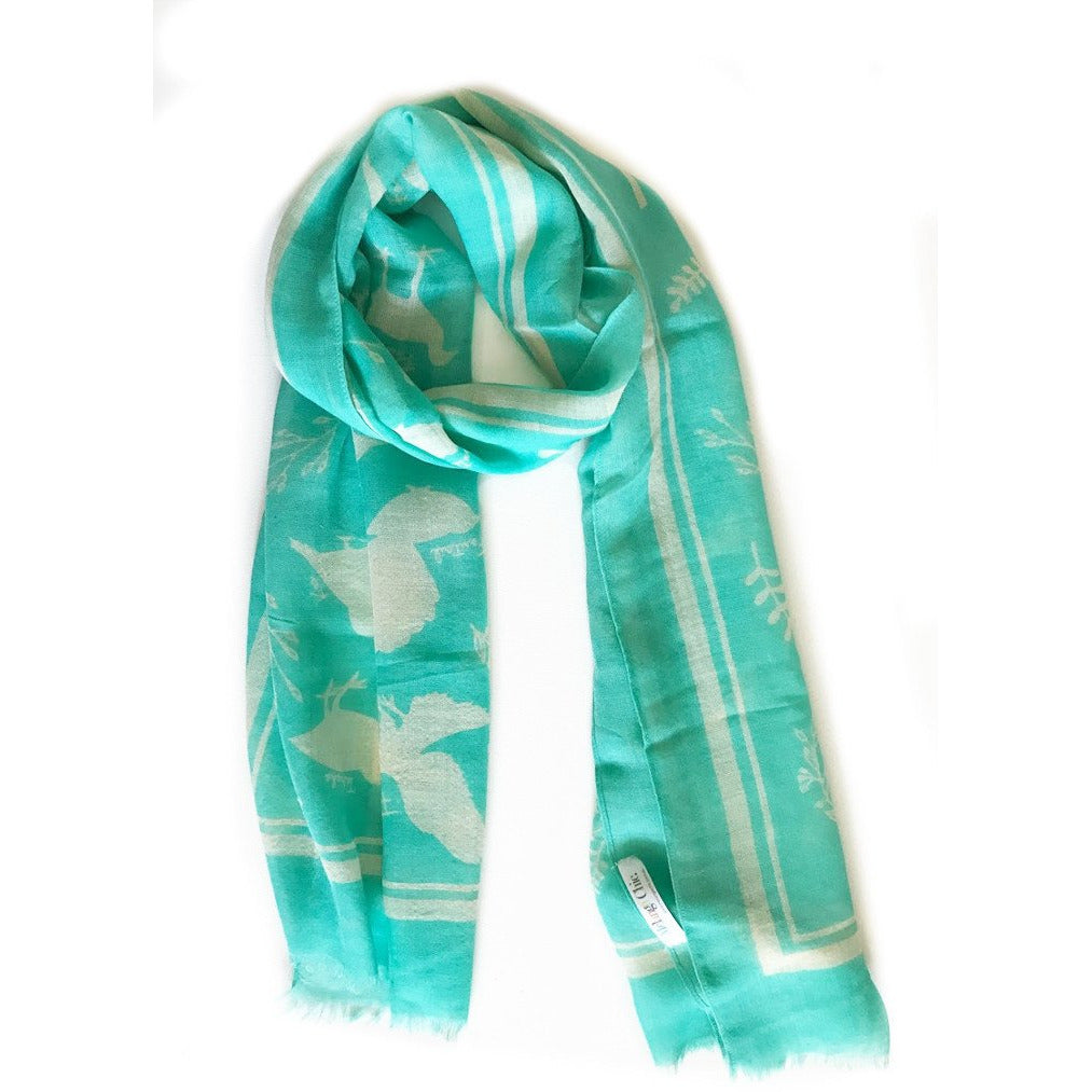 Teal Native Bird Wool Lightweight Scarf
