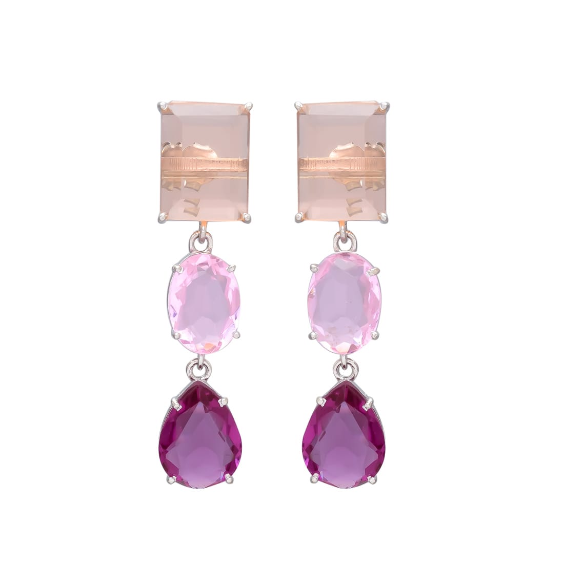 Melange Milie Sterling Silver Graduated Drop Earrings - Pink Tourmaline Hydro & Pink Quartz Hydro & Champagne Hydro