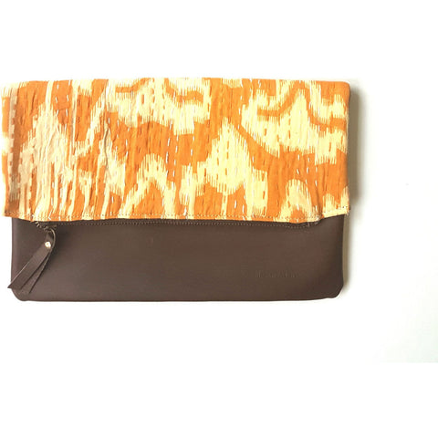 Leather and Mustard Kantha Foldover Clutch